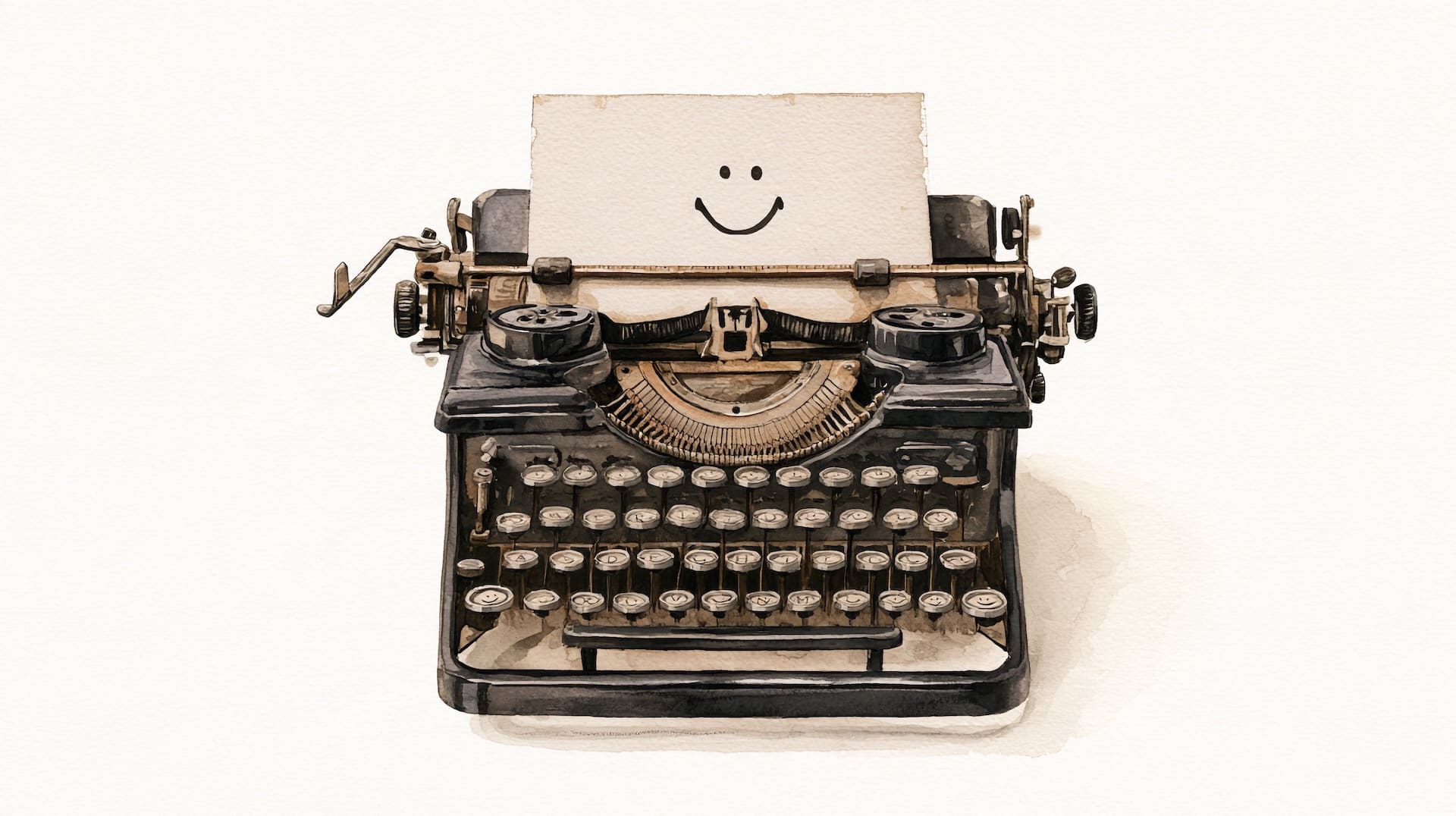 A painting of an old typewriter with a smiley face on the paper